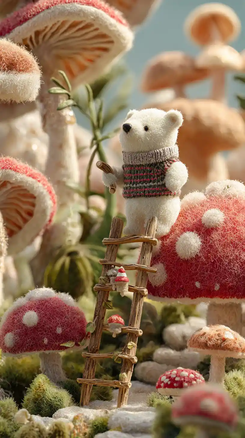 Cute polar bear climbing ladder in fantasy mushroom world