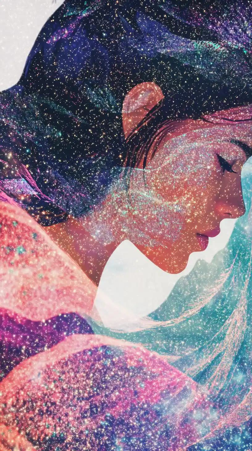 Dreamy pointillist woman in profile with cosmic petals