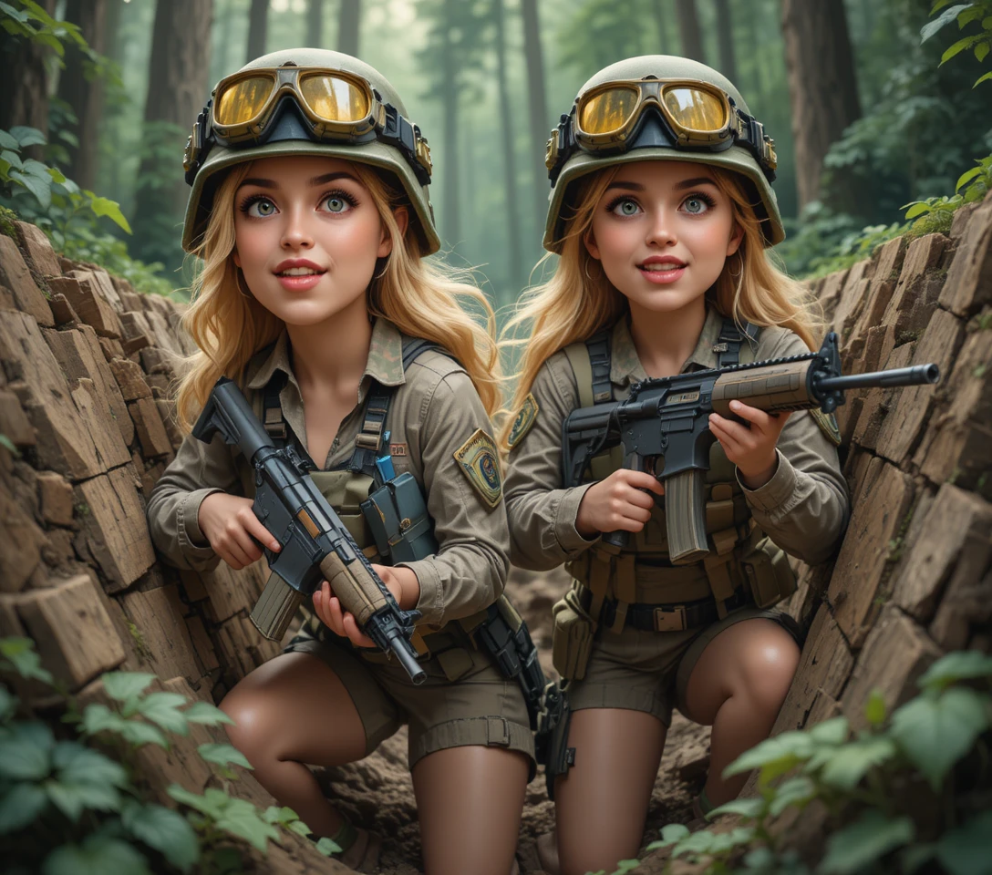 Armed soldiers in a wooden trench amid dense forest