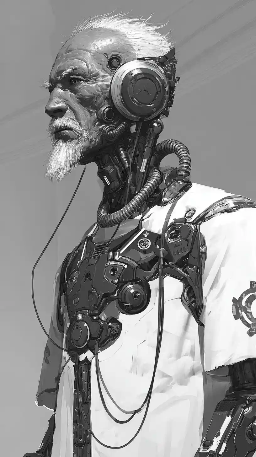 Weathered Asian cyborg commander with mechanical torso