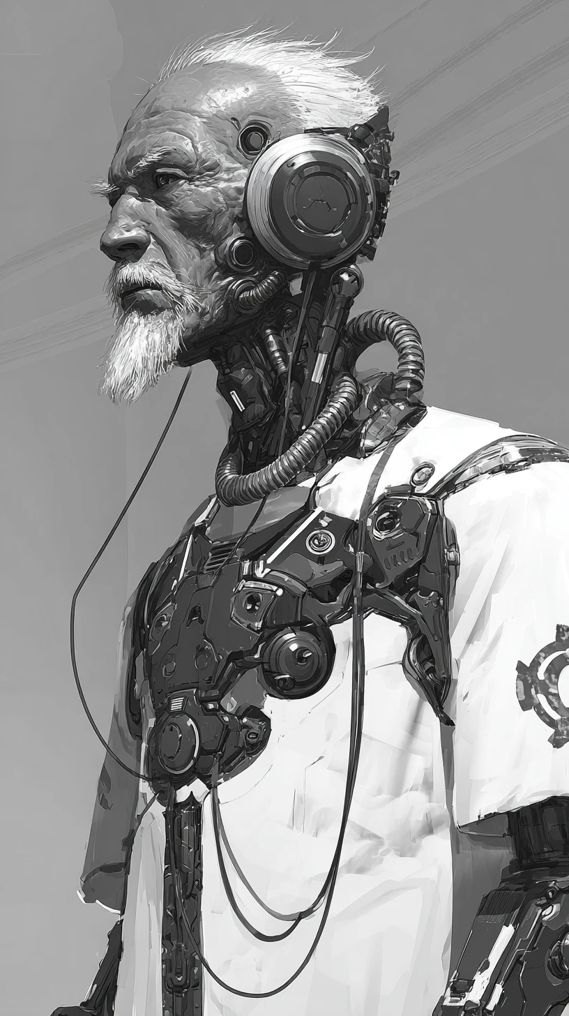 Weathered Asian cyborg commander with mechanical torso