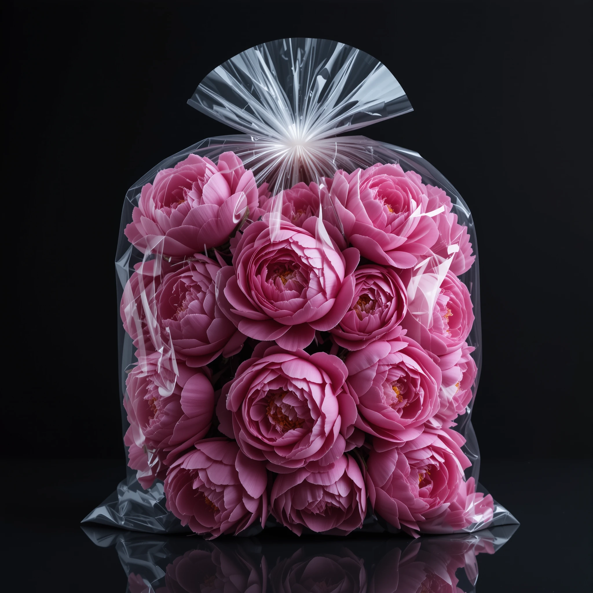 Pink peonies sealed in clear plastic against black background