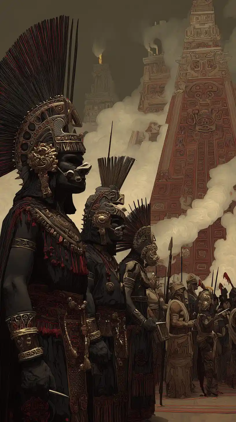 Guerreros mesoamericanos antiguos reunidos ante un templo de piedra
