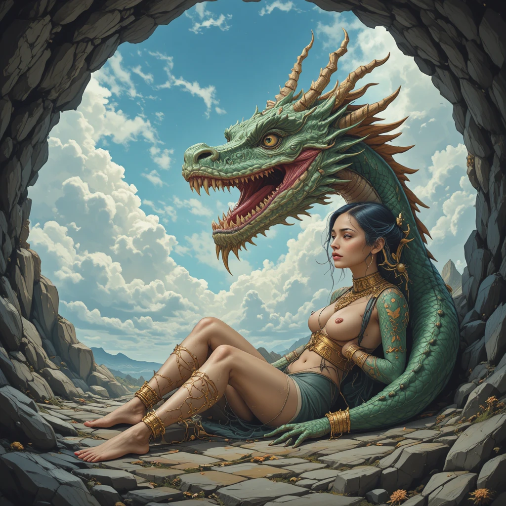 Fantasy woman resting in cave facing giant green dragon