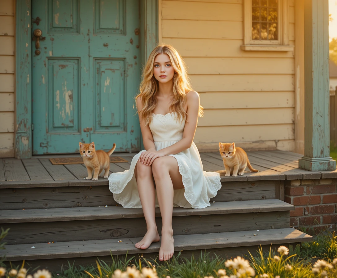 Young woman on porch steps with three playful kittens