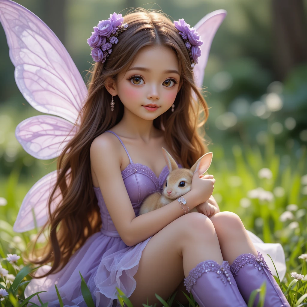 Fairy girl in purple sitting in grass with rabbit