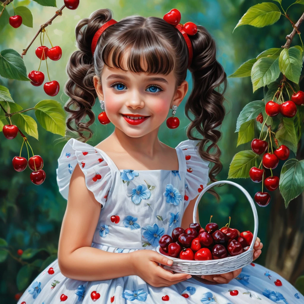Smiling young girl with cherries in a summer scene