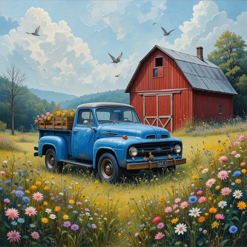 Blue truck by a red barn in a whimsical spring meadow