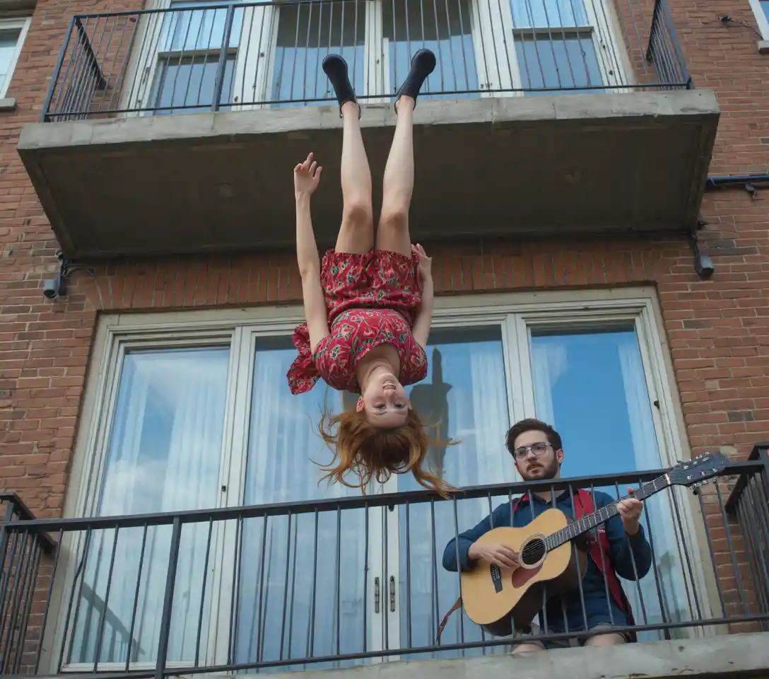Woman falling from a balcony above man playing guitar
