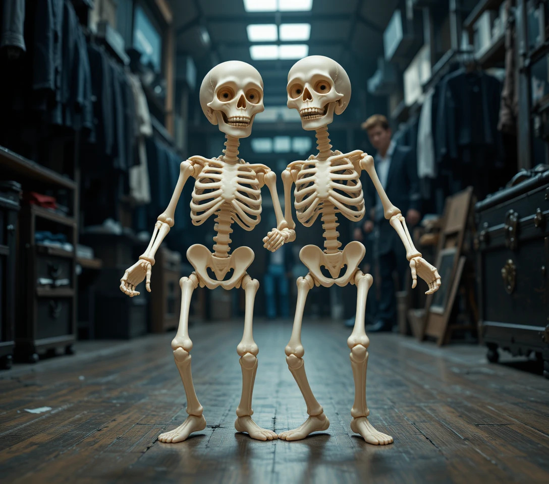 Two plastic skeletons dancing playfully on an indoor floor