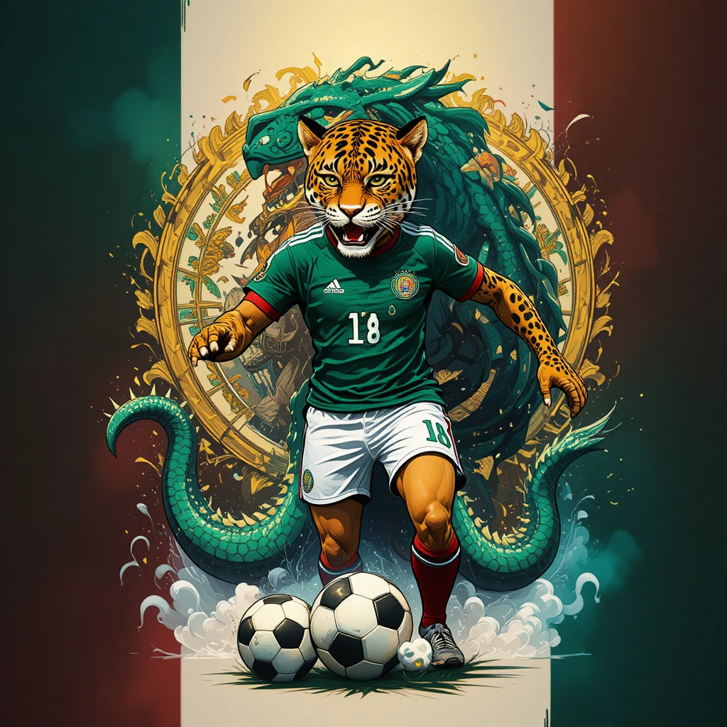 Giaguaro cartoon con maglia del Messico che calcia un pallone vicino a una piramide