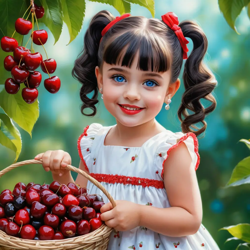 Smiling young girl with cherries in a summer illustration