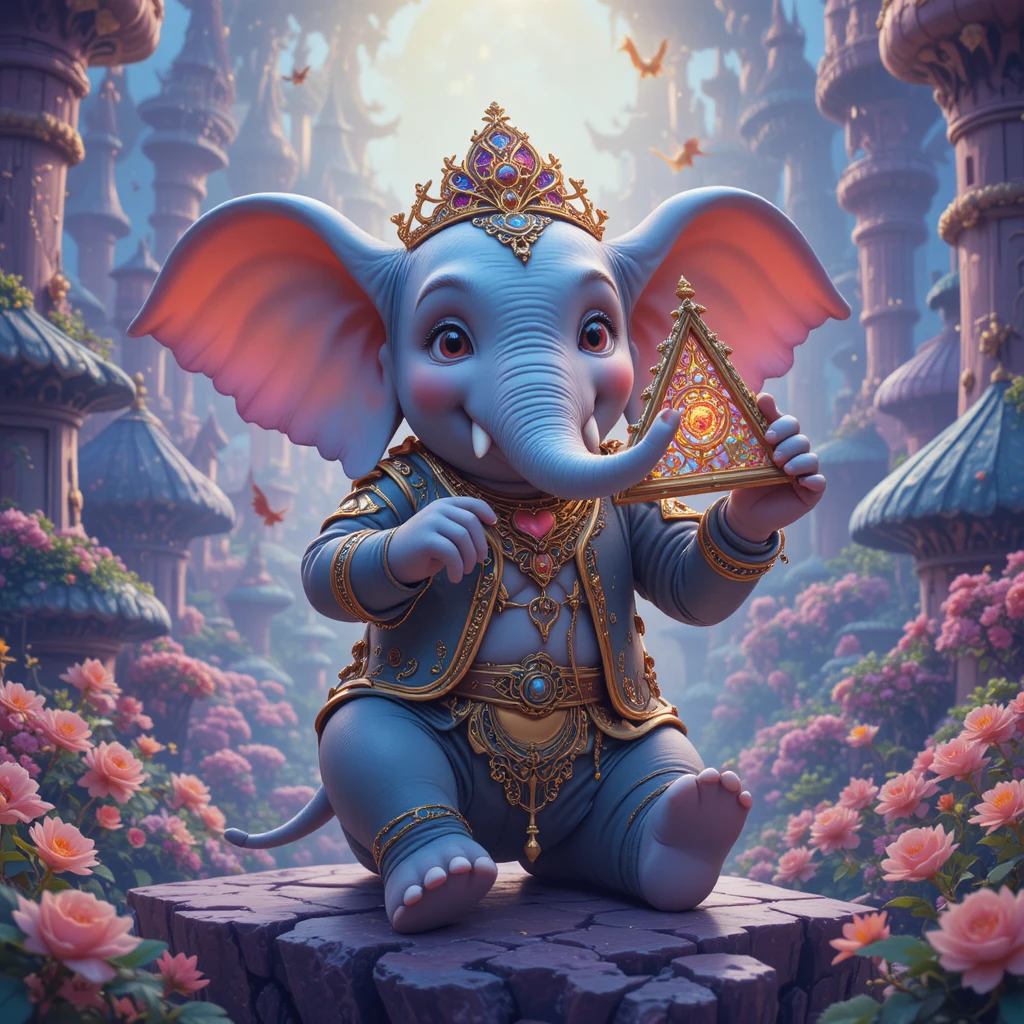 Elefante tocando um triângulo em um mundo de fantasia colorido
