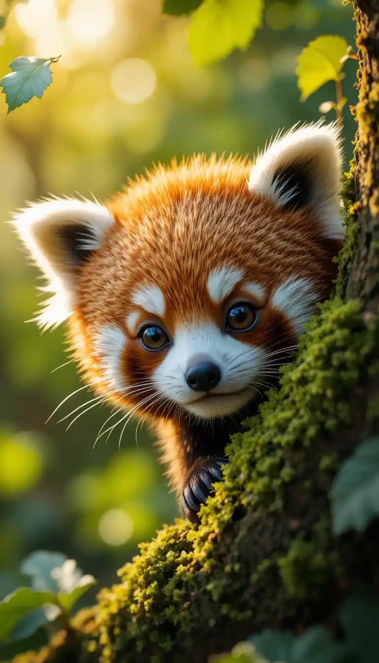 Tiny baby red panda peeking from a mossy forest branch