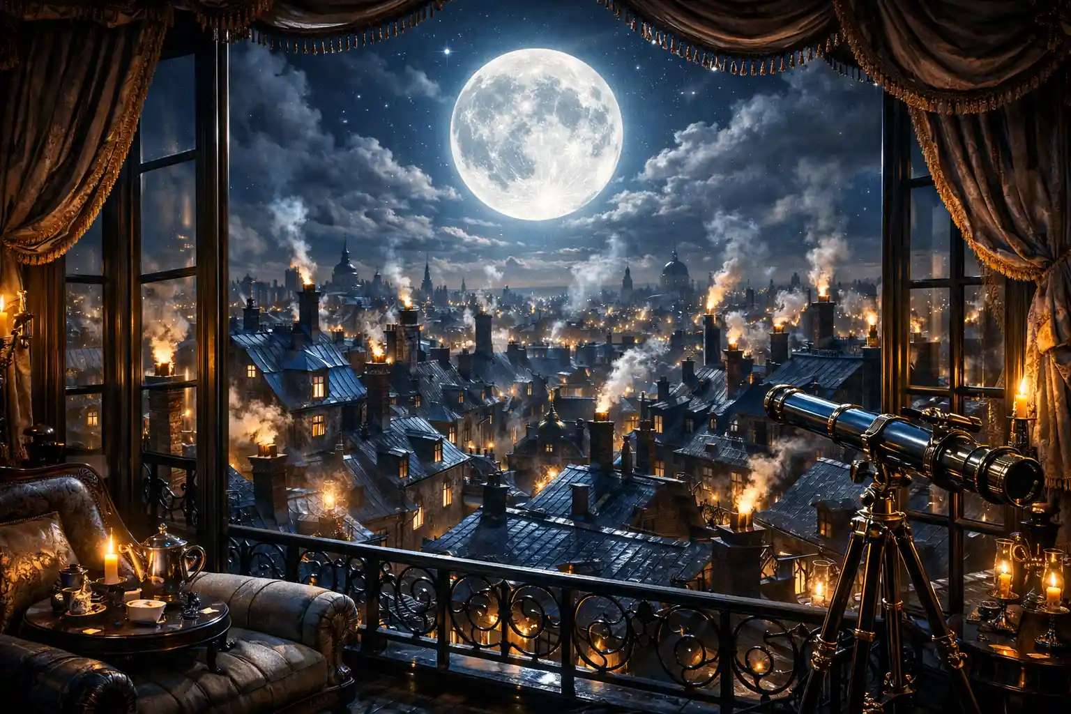 Surreal rooftops of an eighteenth century city under moonlight