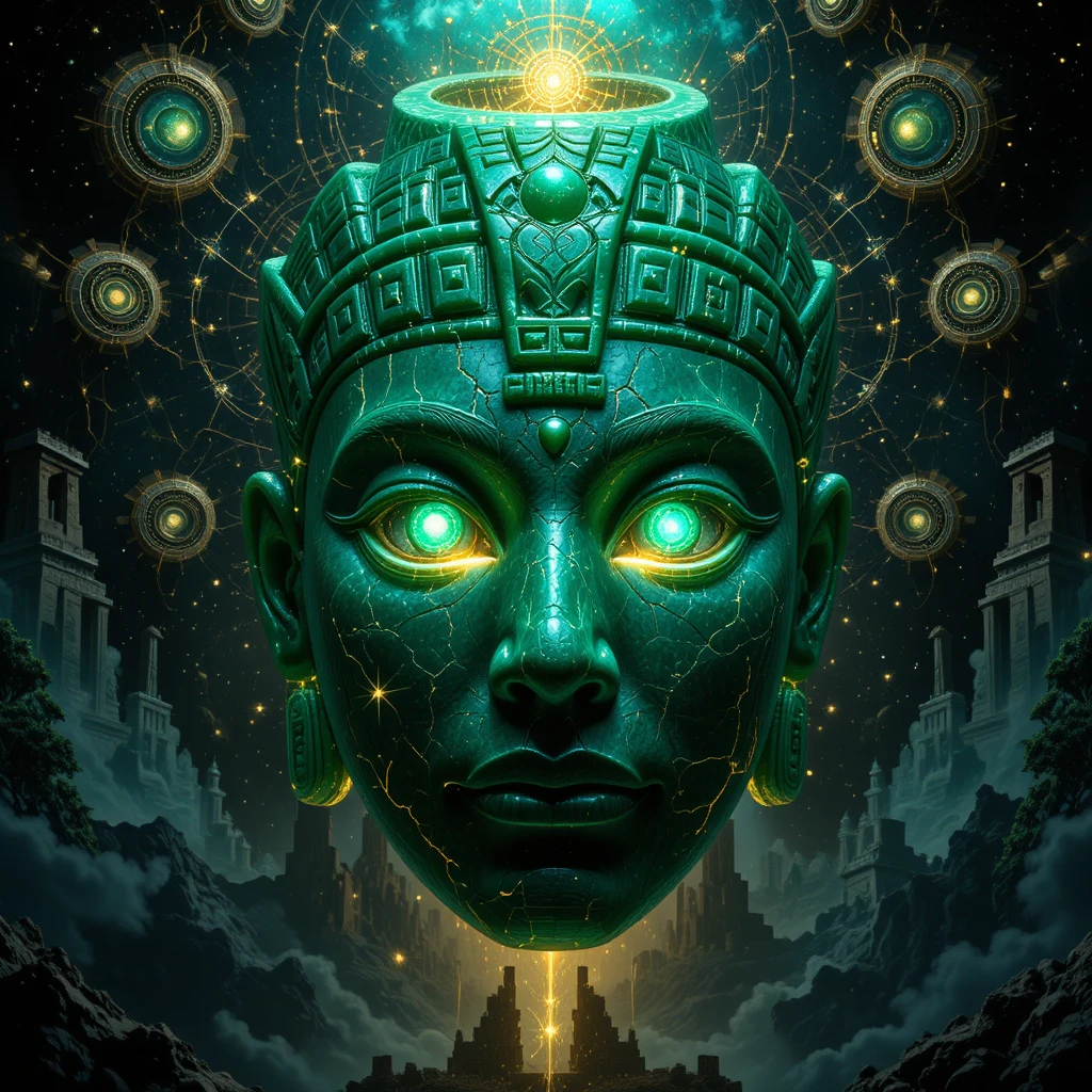 Emerald jade ritual mask glowing with cosmic energy
