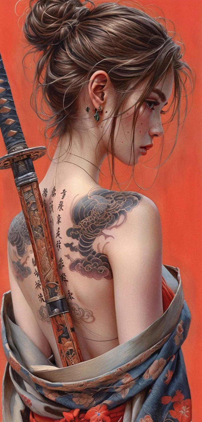 Tätowierte Frau im Kimono mit Katana vor rotem Hintergrund