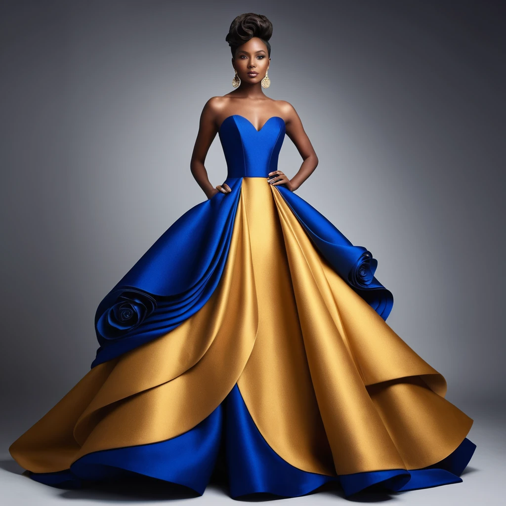 Confident model in sculptural royal blue rose inspired gown