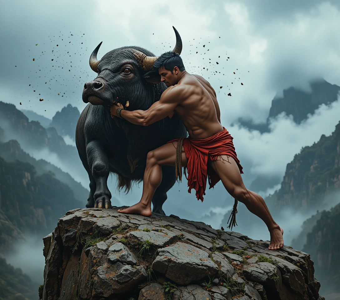 Uomo muscoloso che lotta con un toro con le corna su una scogliera rocciosa