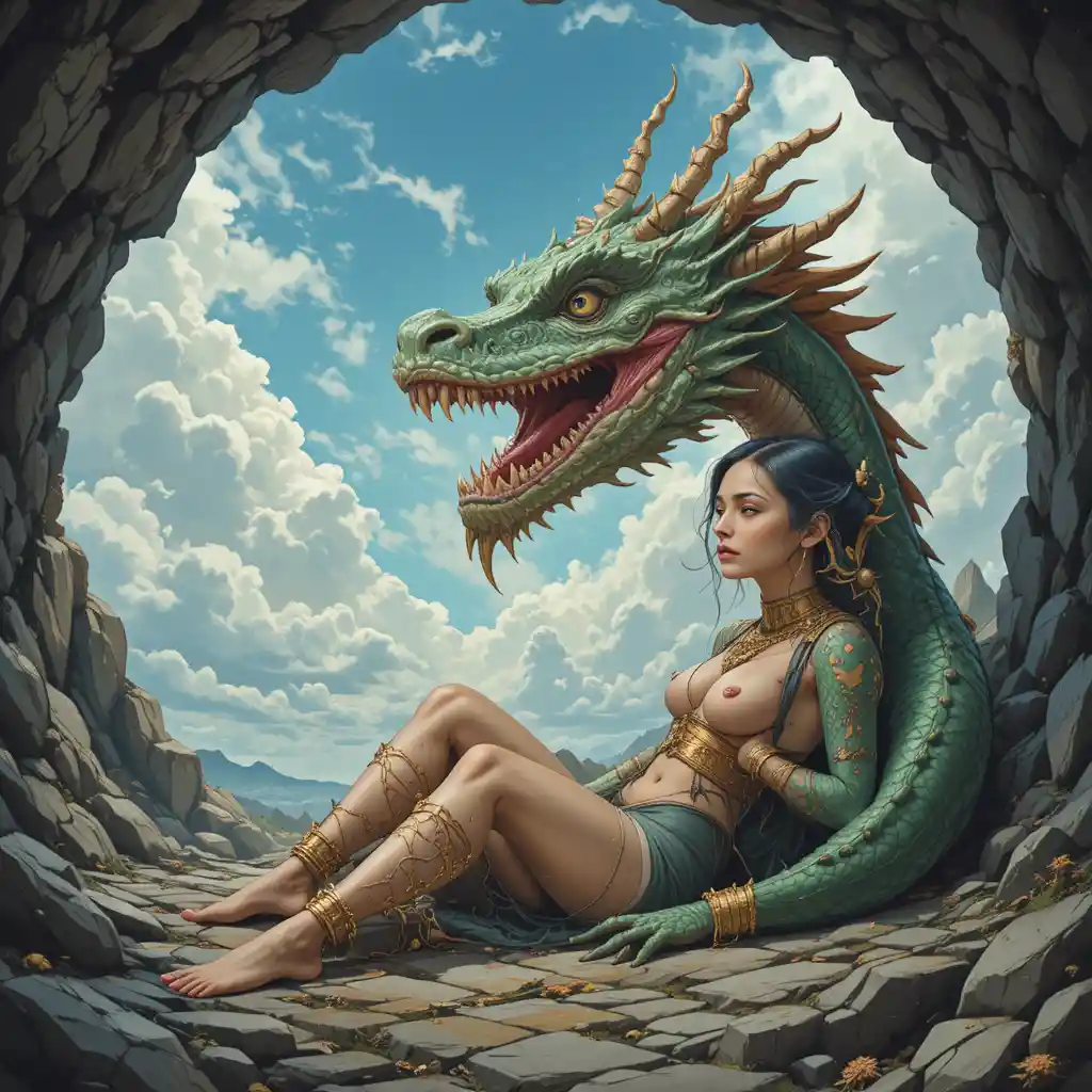 Fantasy woman resting in cave facing giant green dragon
