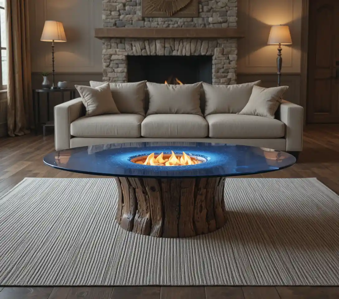 Modern living room with glowing wood and glass coffee table