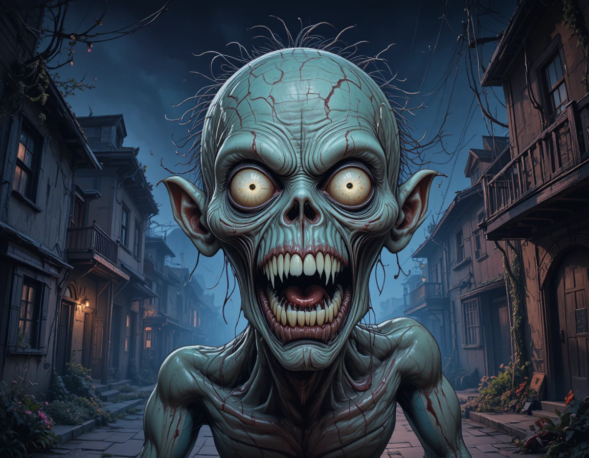 Monstruo CGI aterrador en una oscura y decadente calle de pueblo