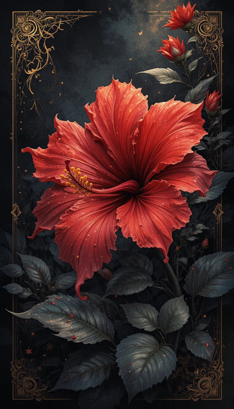 紅色扶桑花植物插畫與閃耀金色點綴