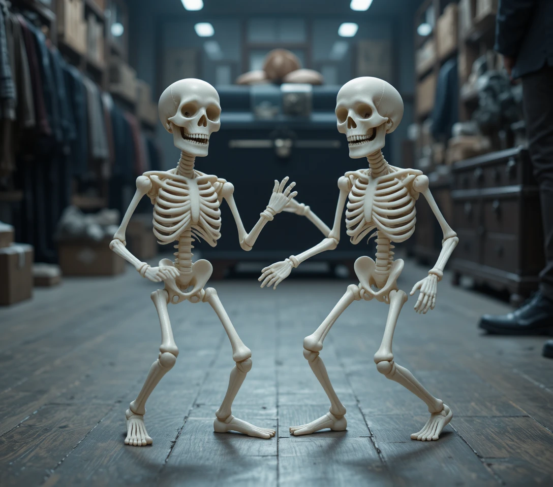 Two plastic skeletons dancing playfully on a shop floor