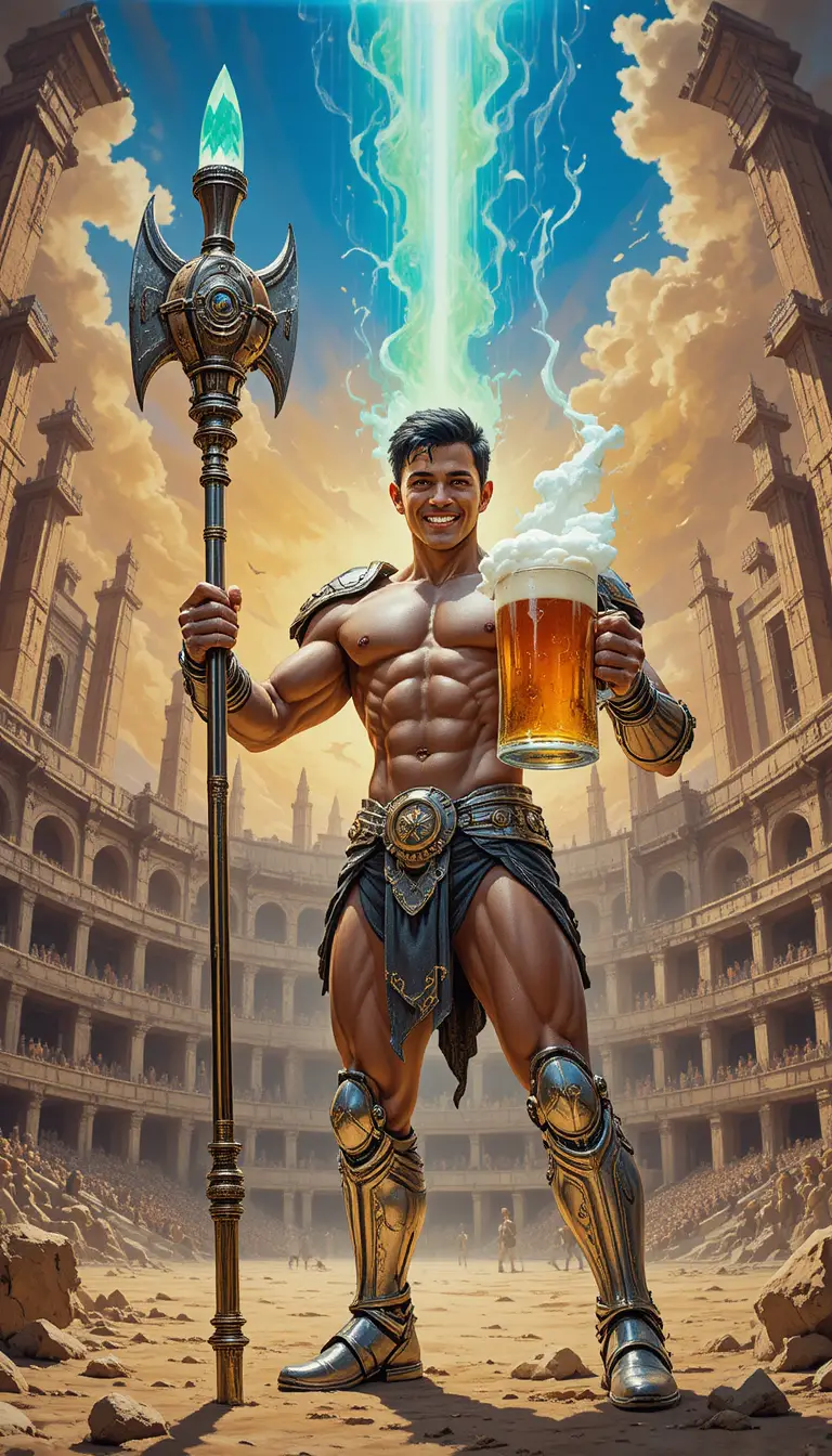Triumphant gladiator raising magical beer in alien arena