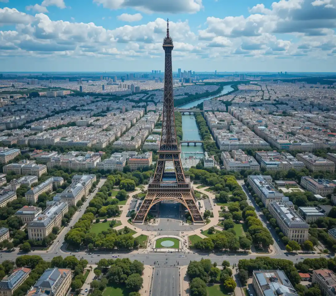 Vista aérea urbana de la Torre Eiffel y el río Sena