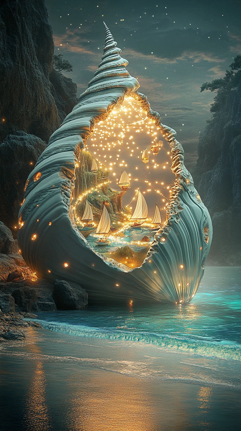 Giant seashell portal revealing a glowing inner world