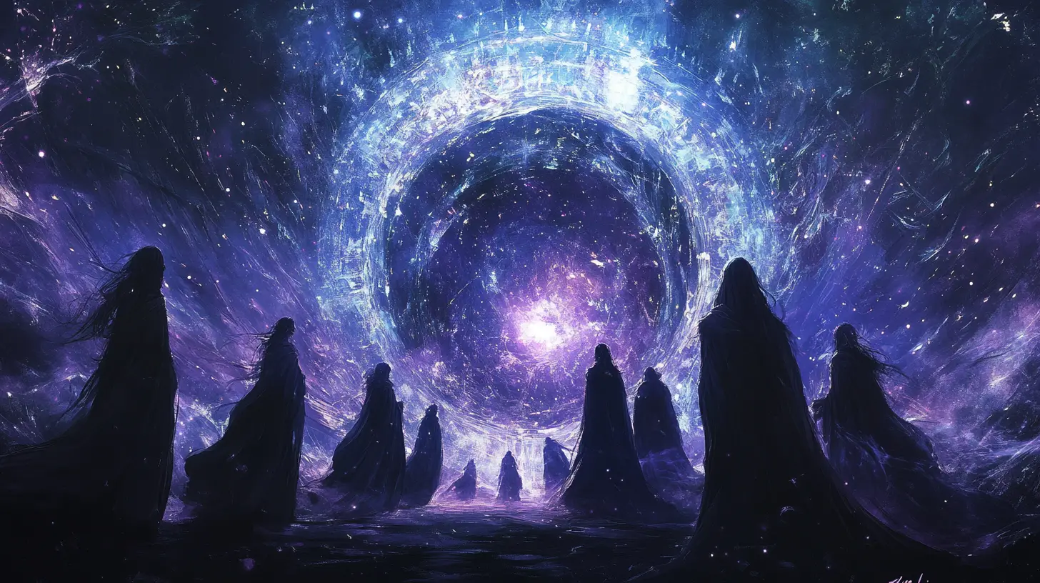 Ethereal witches gathered around a glowing time portal