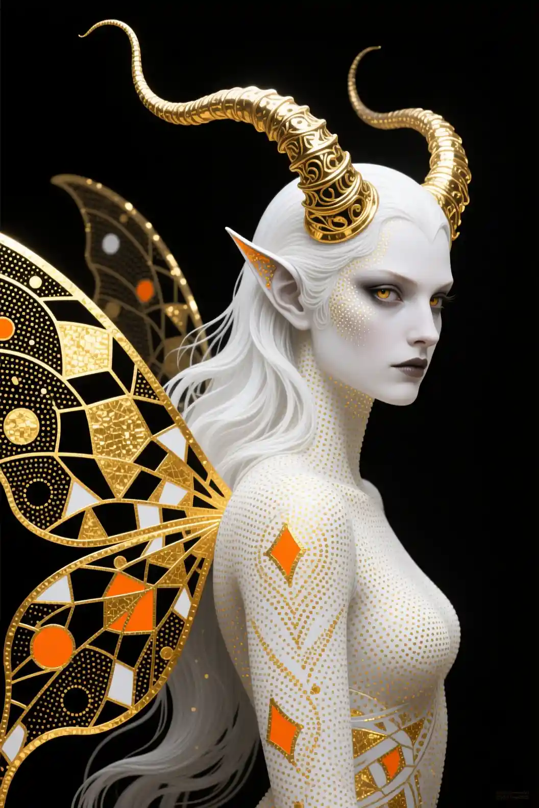 Profile portrait of a luminous fairy demon in pointillism