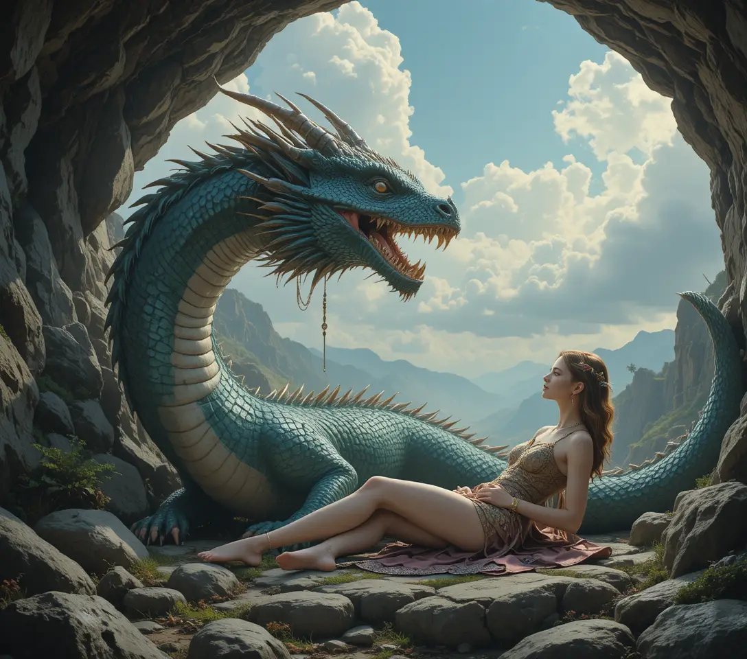 Fantasy woman resting in cave facing green dragon