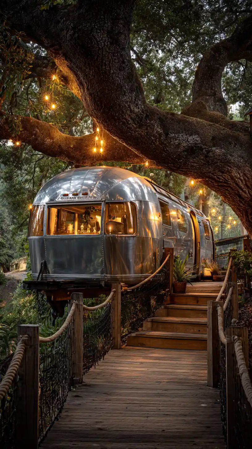 Vintage-Airstream-Baumhaus im goldenen Abendlicht