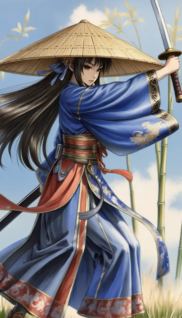 Female samurai drawing her katana in windy bamboo field