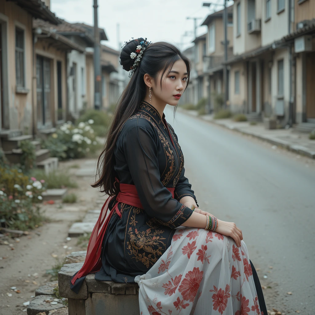 Young woman in embroidered dress on deserted city street