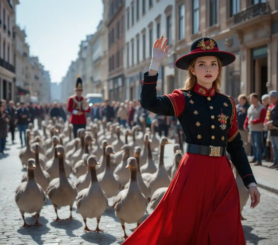 Woman in red uniform leading geese along city street