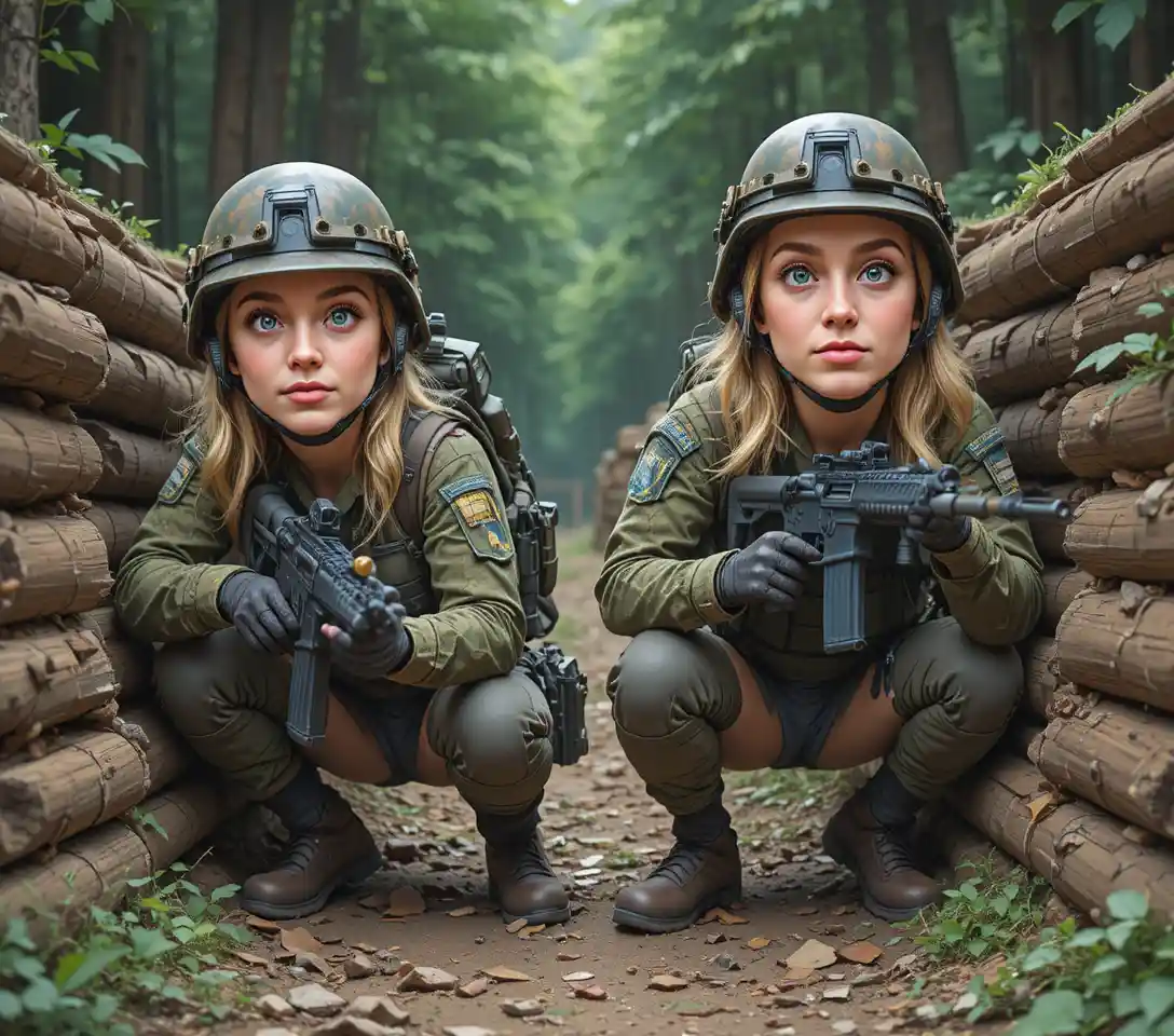 Bewaffnete Soldaten in einem hölzernen Schützengraben im Wald
