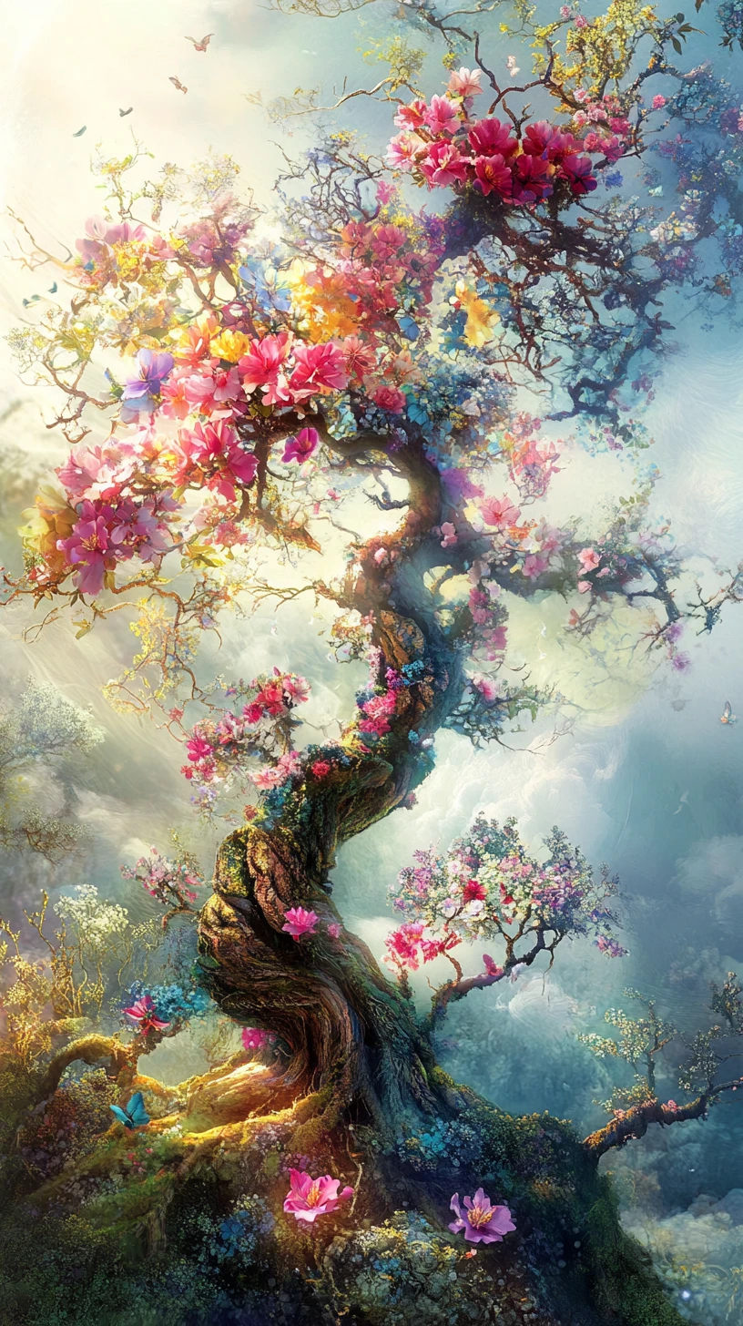 Withered tree transforming into vibrant blossom under sunlight