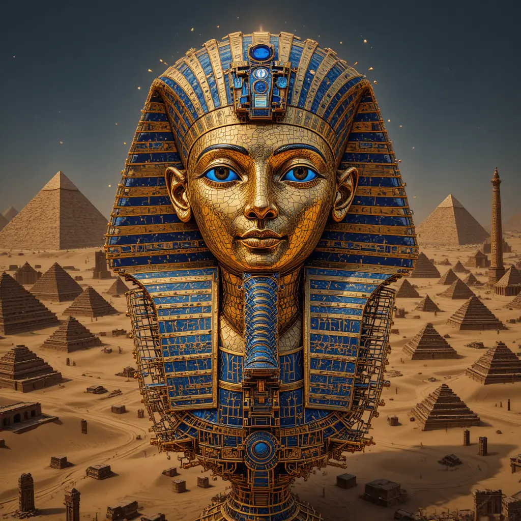 Ancient golden mask dissolving into radiant fractal geometry