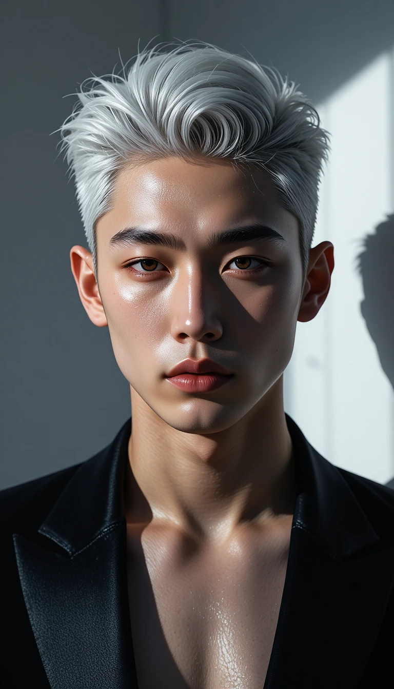 Ídolo de K‑pop melancólico em close sob holofote fashion