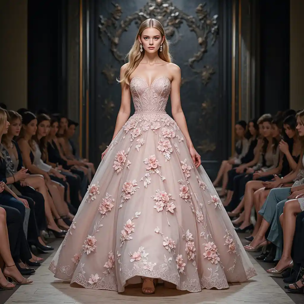 Model in blush pink ball gown on couture runway