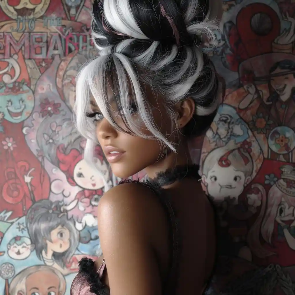 Woman with messy high bun and white streaked black hair