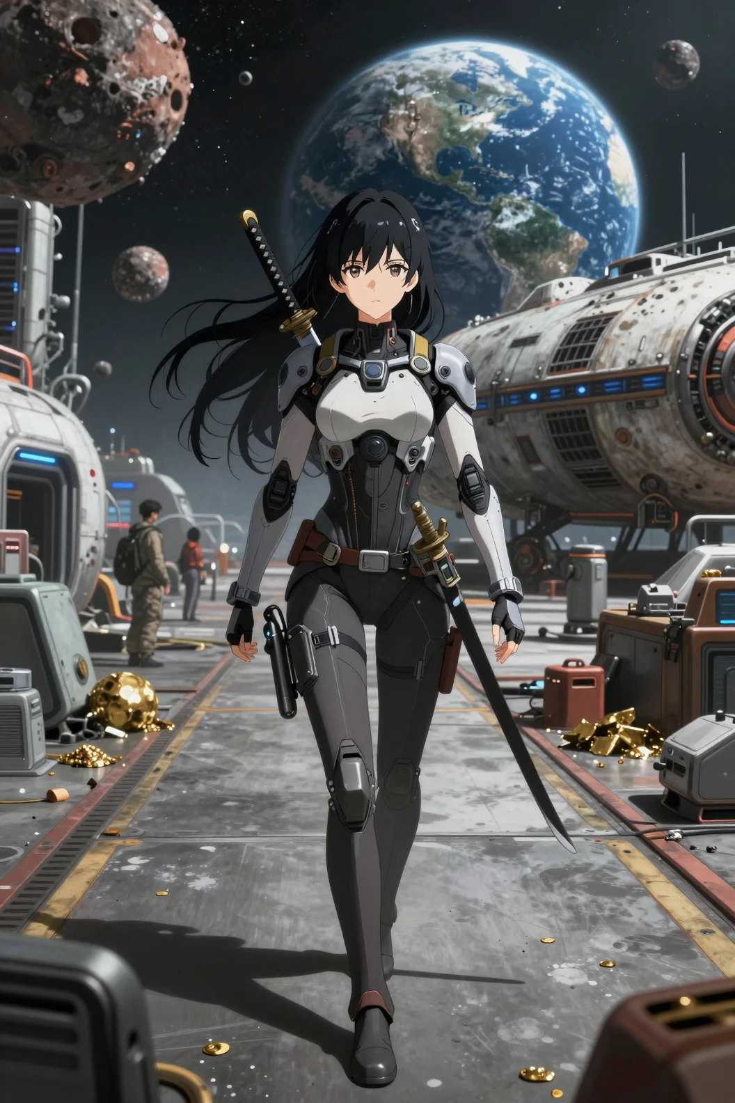 にぎやかな宇宙ステーションのランプに立つナノテクスーツのアニメ少女