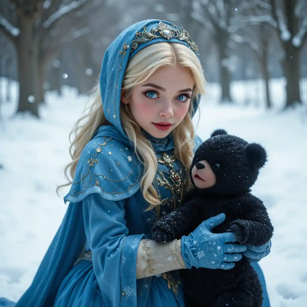 Blonde princess in blue playing with a baby black bear