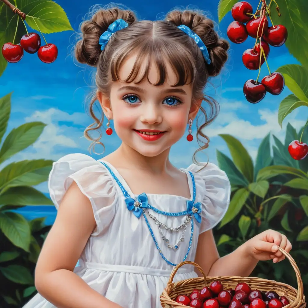 Smiling young girl with white curls holding summer cherries