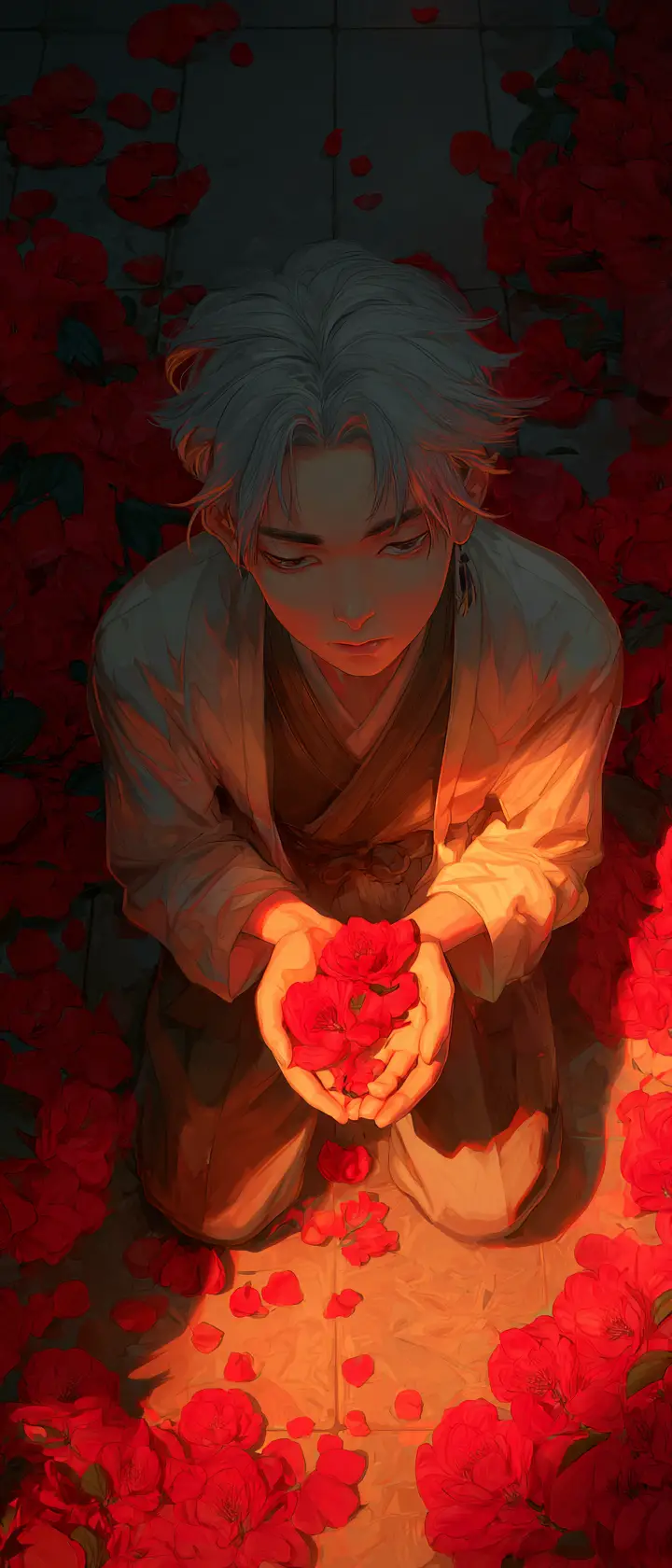Young man kneeling in a moonlit temple garden