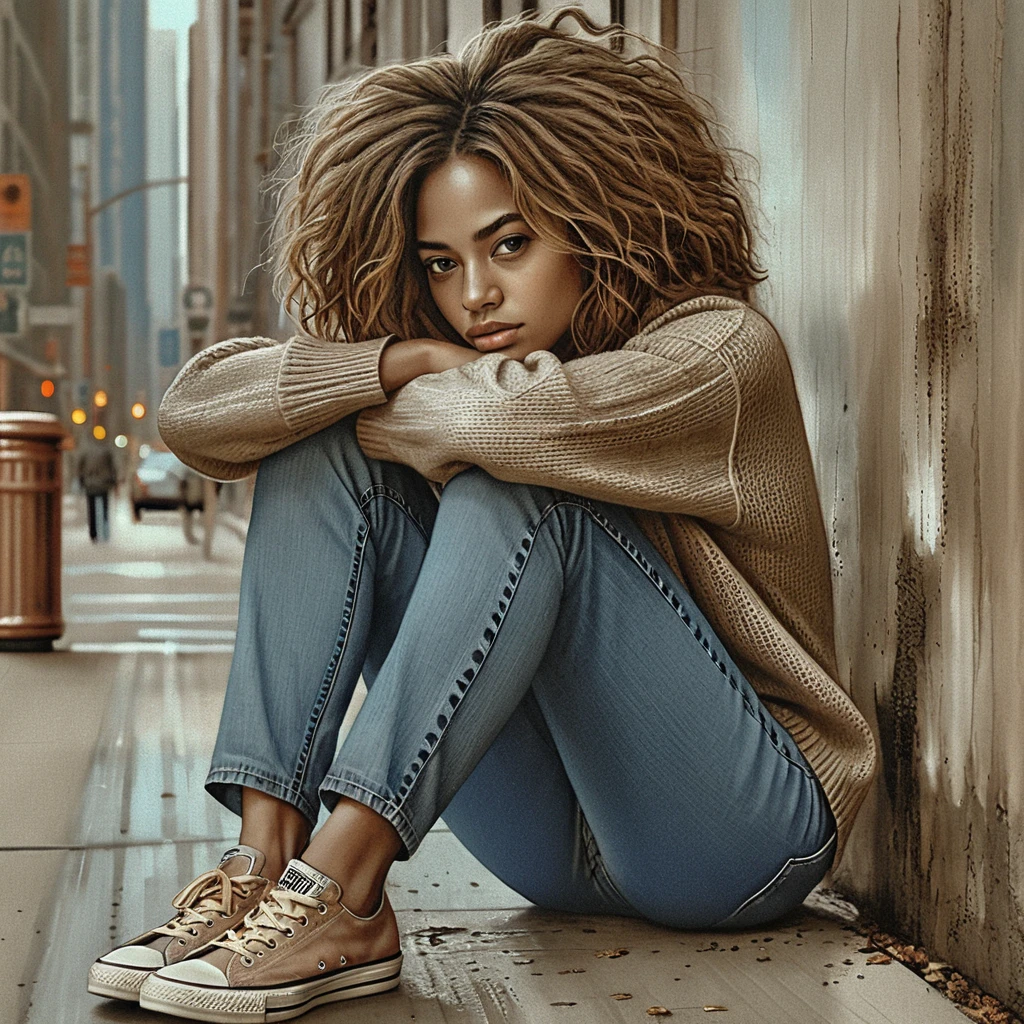 Thoughtful young woman sitting by a worn city wall
