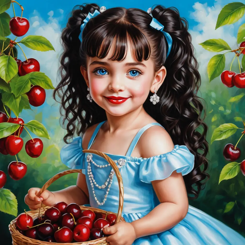 Smiling young girl with cherries in a summer cartoon portrait